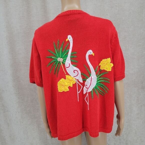 Designers Studio Red Short Sleeve Cardigan Tropical Flamingo Coastal Grandma - Picture 1 of 10